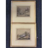 A pair of nineteenth century handcoloured prints, Hampstead village landscapes with figures