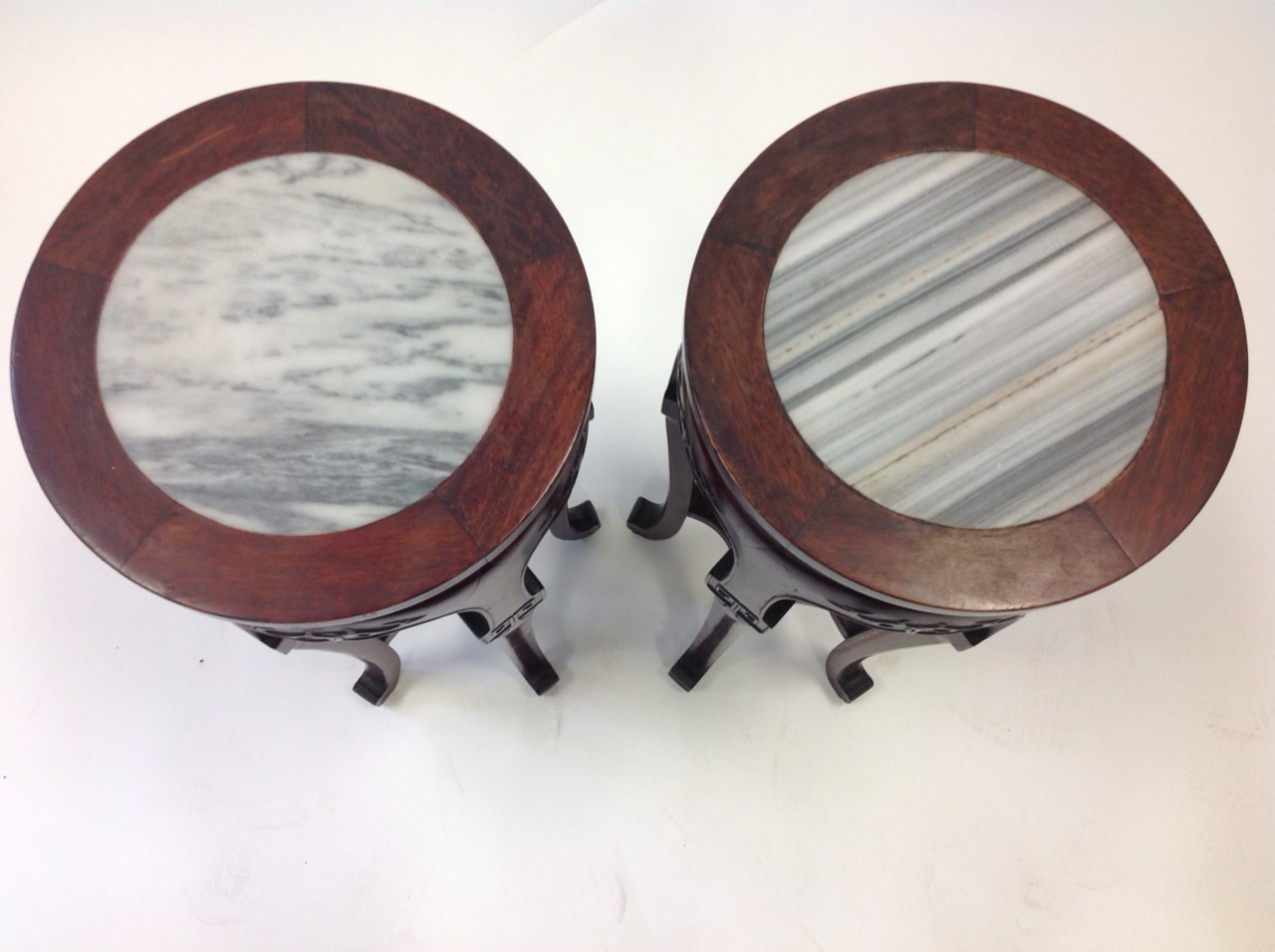 A set of Chinese jardiniere stands, the circular moulded tops inset with marble slabs - Image 4 of 4