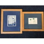 Jo White, illustrative monchrome childrens print, mounted & framed; and another in similar oak frame