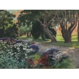 British school, watercolour, parkland landscape with trees & flowerbeds, intialled CC