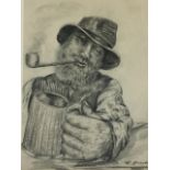 Zbigniew Drecki, pencil drawing of a peasant with beer and pipe, signed, mounted & framed.