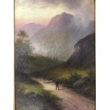 Thomas Spinks, oil om canvas, mountain landscape with lone walker on path with sheep