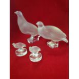 Two pairs of Lalique grouse, moulded in frosted glass on clear stands - all signed Lalique France.