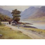 Warren Williams, watercolour, Welsh landscape with figure on track, signed, mounted & framed