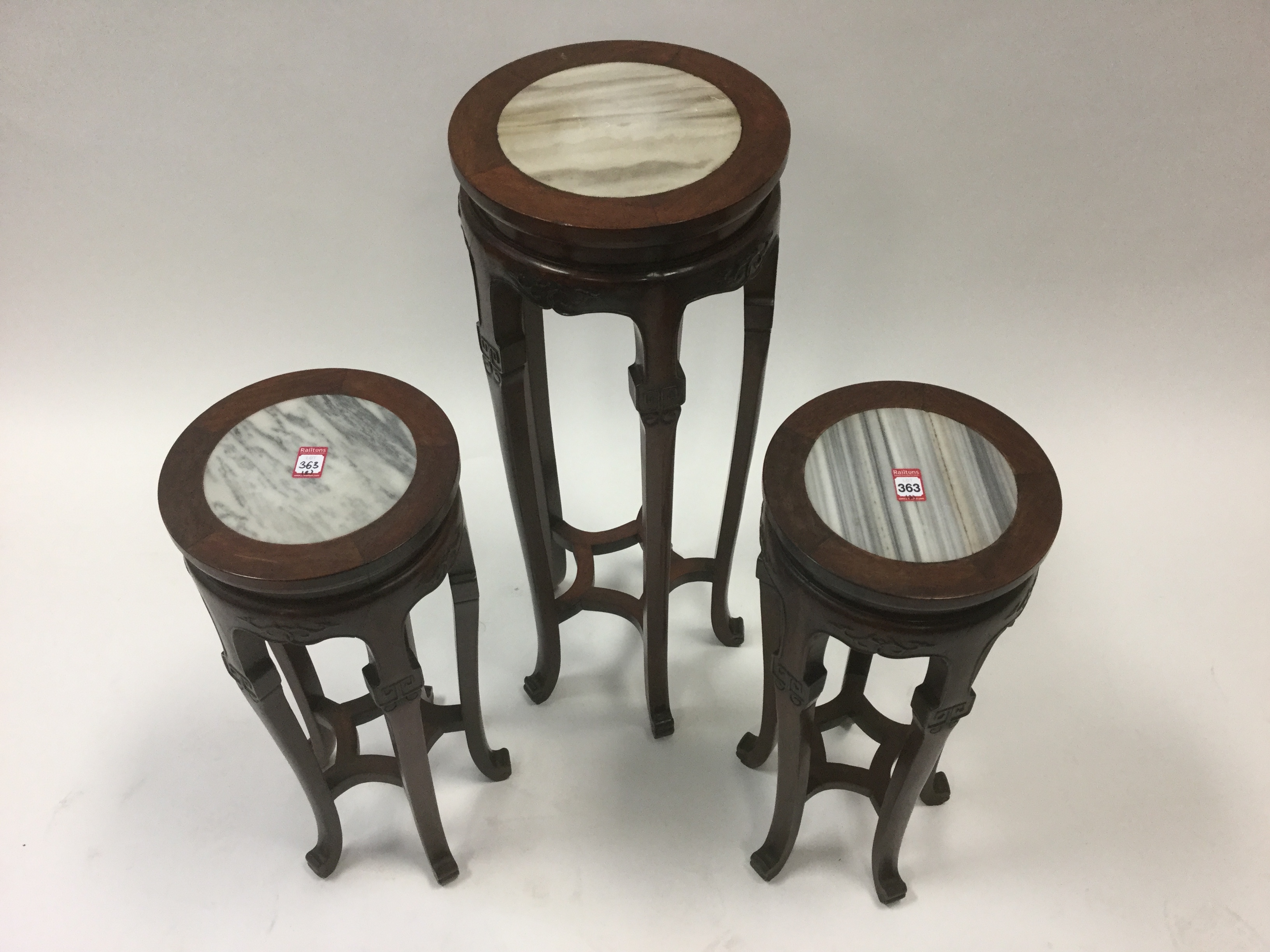 A set of Chinese jardiniere stands, the circular moulded tops inset with marble slabs - Image 3 of 4