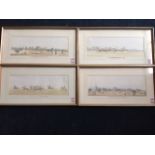 A set of four handcoloured racing prints - Preparing to Start, At Speed, Winning and Weighing