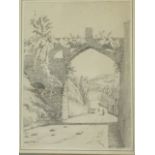 Nineteenth century continental school, pencil study of an ancient bridge, laid down, mounted