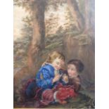 Henry Cummings, watercolour, two boys with chick below bank, pencil inscription to verso,