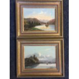 ES Monu, oil on boards, a pair, lake landscapes with sailing boats and castle, signed and framed.