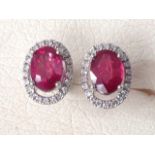 A pair of ruby and diamond cluster earrings, the claw set oval rubies of over two carats