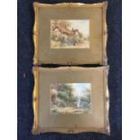 GK Mason, watercolours, a pair, cottage scenes with figures in gardens, signed, mounted