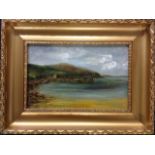 Rose Leith, oil on canvas, Scapa Flow, coastal scene with pier, labelled to verso, gilt framed.