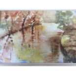 Jean Sargeant, watercolour, titled Autumn River - Wiltshire to Mall Gallery, label to verso,