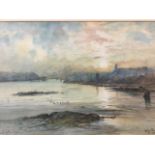 JS Hutton, watercolour, river landscape with figures on foreshore, titled Mouth of the Tyne,