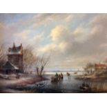 Eighteenth century Dutch school, oil on board, winter landscape with frozen river, framed.