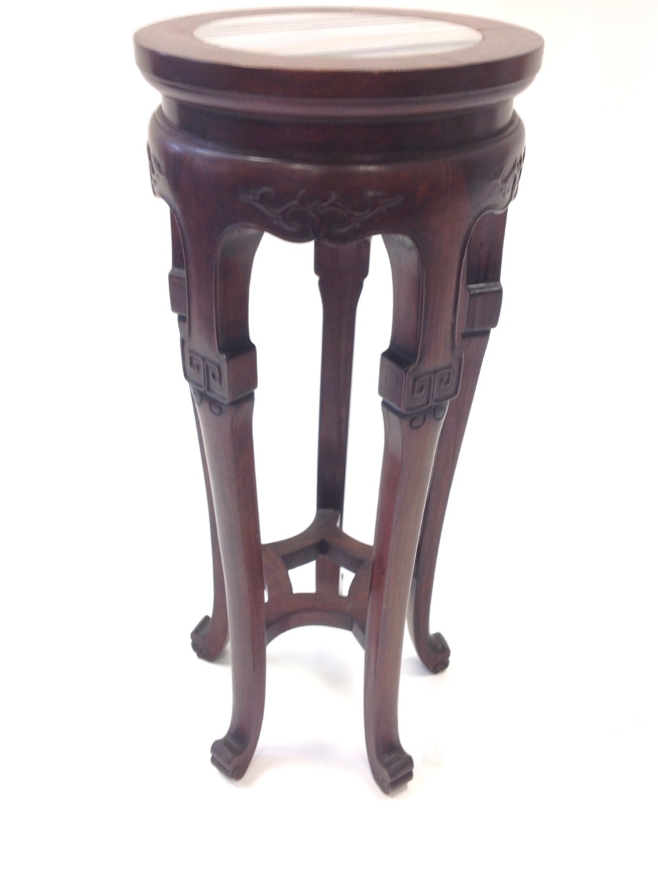 A set of Chinese jardiniere stands, the circular moulded tops inset with marble slabs - Image 2 of 4