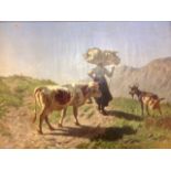 C Humbert, oil on canvas, mountain landscape with cow, goat & shepherd on path, signed & dated 1864
