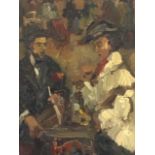 UHR, oil on oak board, French style study of couple at a table, with figures in background