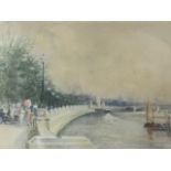 Charles James Lauder, RSW, watercolour, Thames embankment with boats on river, trees, figures