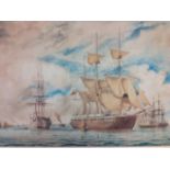 WL Wylie, watercolour, Victory & HMS Himalaya and other boats outside harbour, signed & dated 1880
