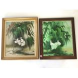 R Hall, oil on canvas, Chinese style painting of two egrets, signed, (20in x 23.5in); and another