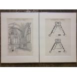 A pair of mounted monochrome prints, examples of Scottish architecture, a plan of Caerlaverock