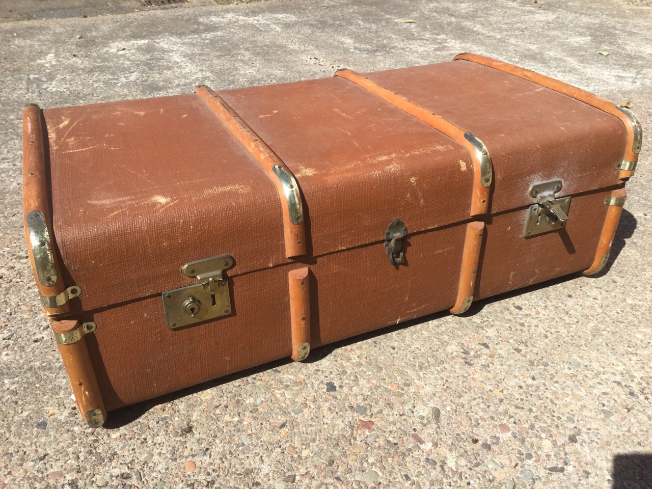 A rectangular school trunk with wood slats, brass mounts and leather handles to hessian covered - Image 2 of 3