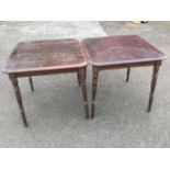 A pair of square mahogany tables, the moulded rounded tops on angled turned legs. (2)