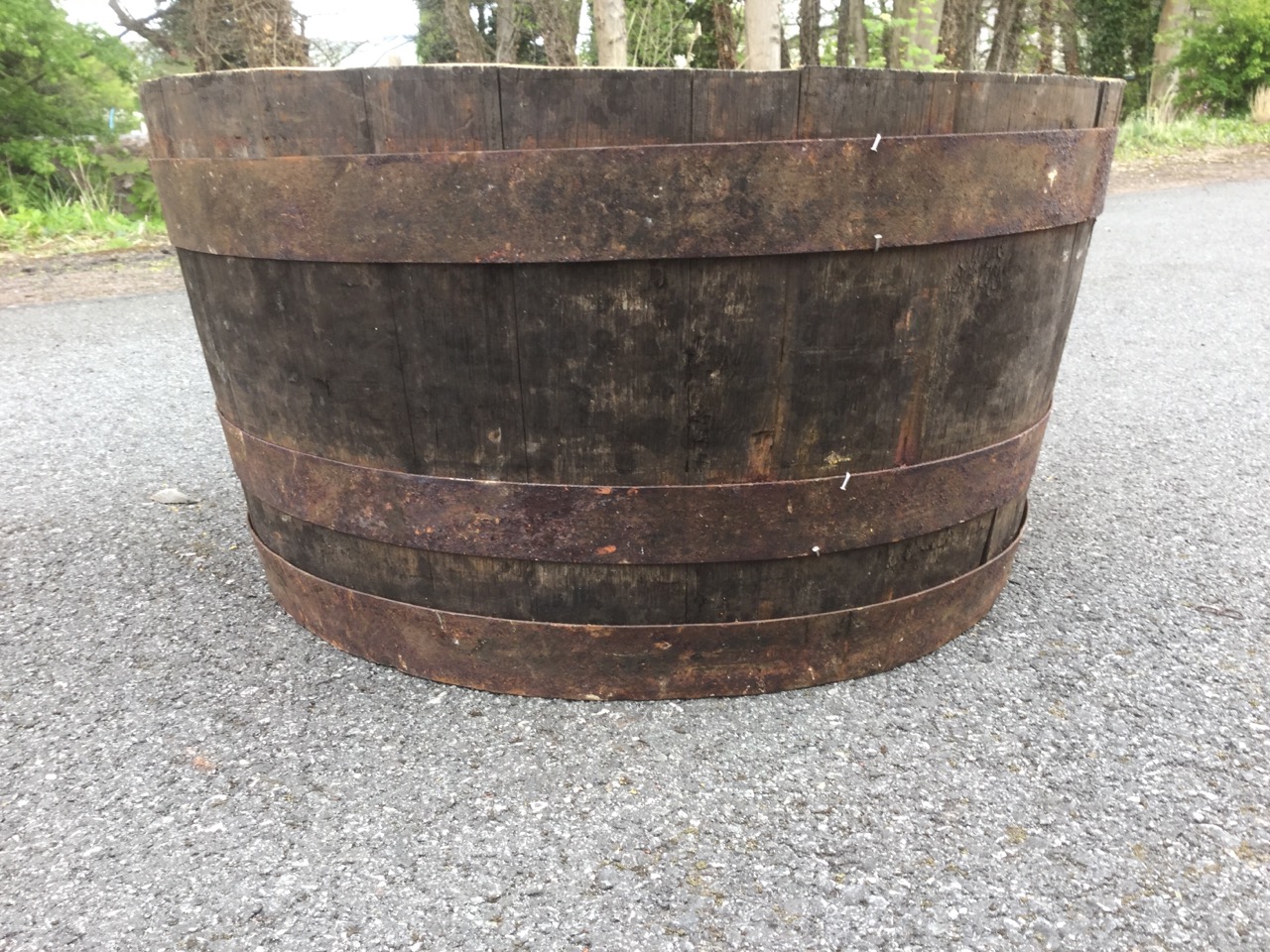 An oak barrel planter, the tub with three metal bands binding staves.