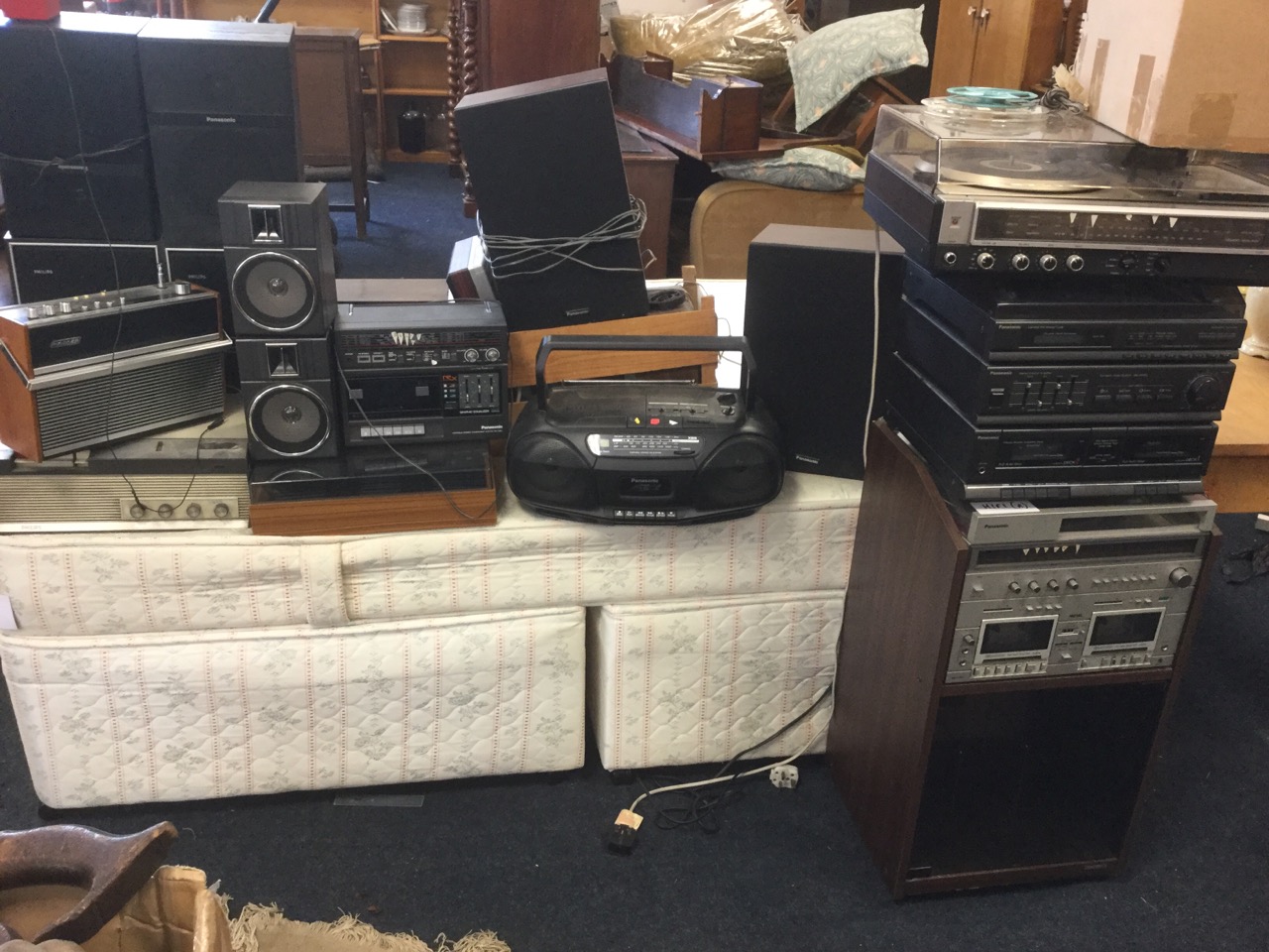 A quantity of hi-fi gear including a Panasonic stack in cabinet, radios, speakers, a Philips