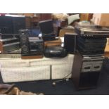 A quantity of hi-fi gear including a Panasonic stack in cabinet, radios, speakers, a Philips