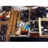 A collection of cameras, tripods, some cased, splicers, lenses, cases, camera tools, etc. (A lot)