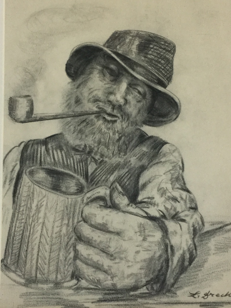 Zbigniew Drecki, pencil drawing of a peasant with beer and pipe, signed, mounted & framed. (10in x