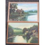 Oil on canvas, a pair, river landscapes with mill buildings and castle ruin, signed indistinctly,