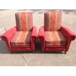 A pair of deco French suede leather club armchairs, the rectangular backs above tapestry upholstered