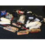 Miscellaneous cricket equipment including bats, pads, balls, helmets, gloves, boots, two sports