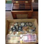 A collection of coins including crowns, paper money, pre-decimal, foreign, etc; and an unused