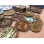 Miscellaneous items including handpainted plates, carved & painted wood plaques, a musical jewellery