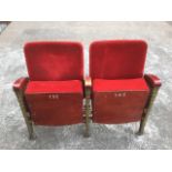 A pair of art deco theatre seats, with odeonesque fan shaped cast iron gilt painted ends and wood