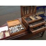 Various canteen boxes, mainly oak, containing a quantity of silver plated cutlery, some sets, dinner