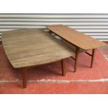 A Vanson 60s mahogany draw-leaf coffee table with shaped extending top on square rounded column
