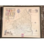 An eighteenth style hand-coloured map of Northumbria after Blaeu, the plate in hogarth frame.