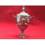 An unusual nineteenth century plated bronze urn & cover, cast in relief with leaves & flowers with