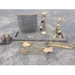 Miscellaneous fire tools including two brass sets on stands, a mesh fireguard, a Victorian cast iron