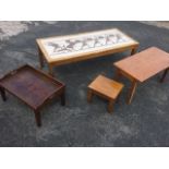 A 60s hardwood coffee table with ceramic Grecian style top; a rectangular teak coffee table; an oak