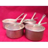 A set of four French copper pans & covers, riveted with brass handles. (4)