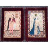 A pair of Victorian embroidered panels depicting a King & Queen, the figures handsewn in fine