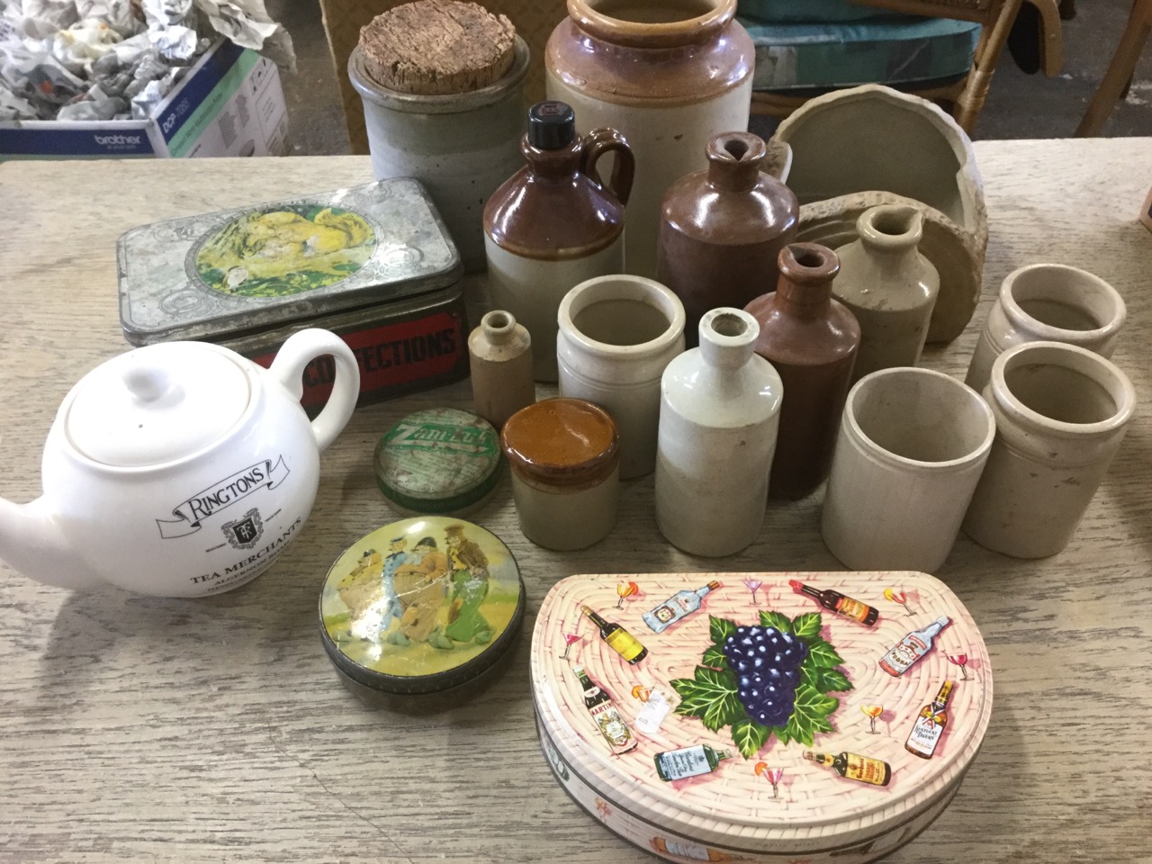 Miscellaneous stoneware & tins including storage jars, salt glazed, a large Ringtons teapot, a