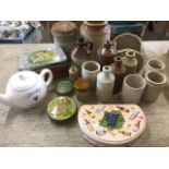 Miscellaneous stoneware & tins including storage jars, salt glazed, a large Ringtons teapot, a