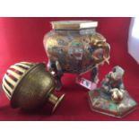 A nineteenth century Japanese satsuma koro & cover, the hexagonal pot with elephant handles